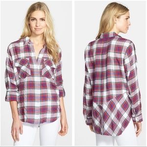 Sam Edelman Plaid Button Down Split Back Tail Top Red Blue Blouse Women’s Medium